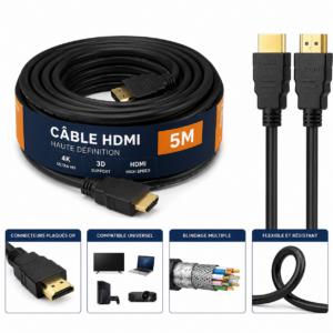 Câble HDMI Haute Vitesse 4K UHD 5 mètres avec connecteurs plaqués or