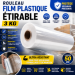 Film plastique étirable transparent 3 KG haute résistance pour emballage et palettisation