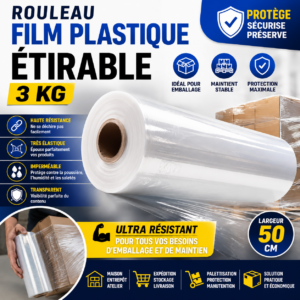 Film plastique étirable transparent 3 KG haute résistance pour emballage et palettisation